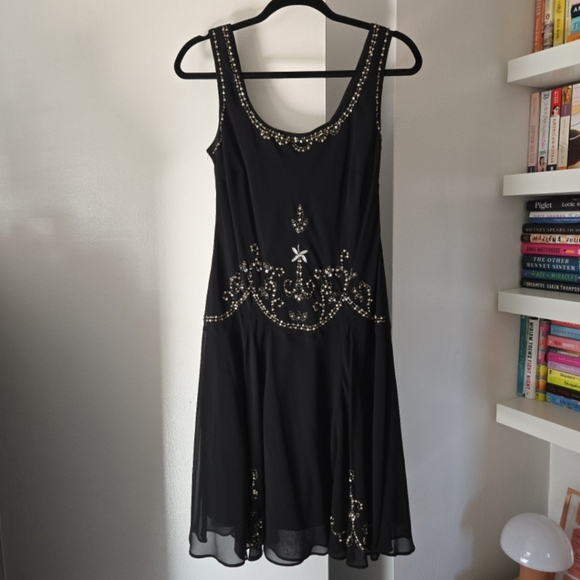 VINTAGE Y2K Art Deco Inspired Black Sequin Embroidered Scoop Neck Dress - Picture 1 of 8